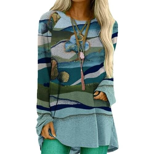 2020 Womens Fashion Loose Casual Ladies Round Neck Retro Autumn Print T-Shirt Large Size Long Sleeve Top