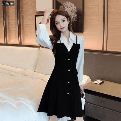 2021 Women Spring Little Black Fall Faux Two Piece White Shirt Dress