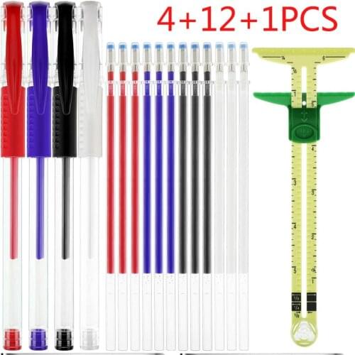 4 Pcs Heat Erase Pens12SetHeat Erasable Fabric RefillsT-Shaped Sliding Gauge SewingMeasuringTool for Sewing Quilting Dressmaking