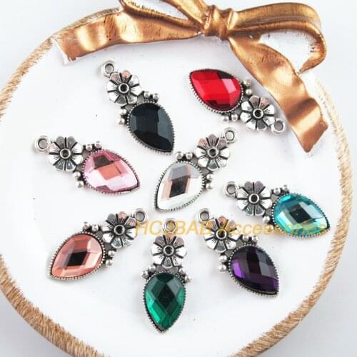 8 New Rose Charms Tibetan Silver Tone Retro Teardrop Mixed Crystal Pendants 13x29mm