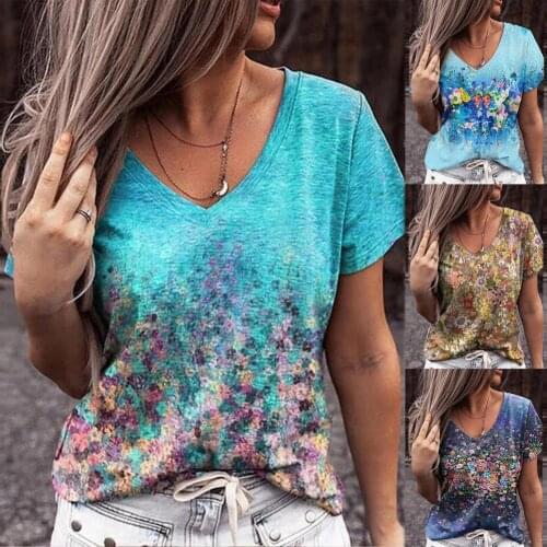 Summer Blouses Women Flower Print Short Sleeve Shirt Plus Size V Neck Loose Casual T-shirt Top Pullover Ladies Vintage Рубашка