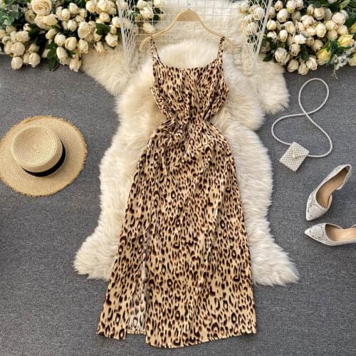 Croysier Summer Clothes For Women Dresses Leopard Print Elegant Vintage Midi Dress Sleeveless Spaghetti Strap Slit Sexy Dress