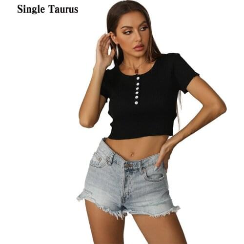 Fashion Streetwear Summer Short Sleeve Skinny Ribbed Black T Shirts Button O Neck Button Sexy Casual Women Clothes Cute Top