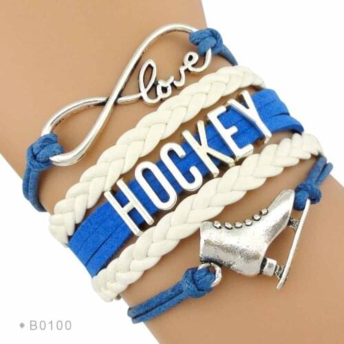 Hot Sale Fashion Infinity Love Blues Hockey Player Mom Jewelry Leather Braid Wrap Bracelets for Women