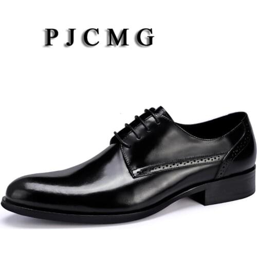PJCMG Fashion Spring/Autumn Black/Red Oxfords Dress Solid Lace-Up Pointed Toe Genuine Leather Wedding Mens Business Office Shoes