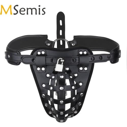 Men Chastity Underwear Erotic PU Leather Caged Basket G-string Briefs Sissy Gay Open Butt Jockstrap Panties Sexy Thong with Lock