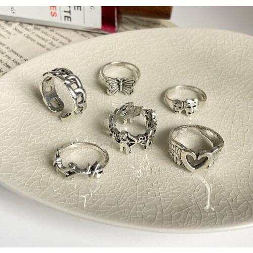 Vintage Silver Plated Angel Wings Rings Set for Womens Gothic Punk Steampunk Heart Butterfly Skull Ring Sets Party Jewelry Trend