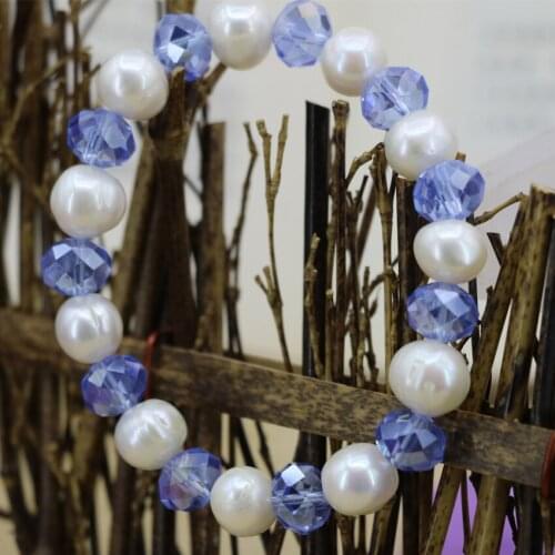 Natural white 10-11mm thread pearl beads strand elastic strand beaded bracelet women blue crystal bangle jewelry 7.5inch B3130