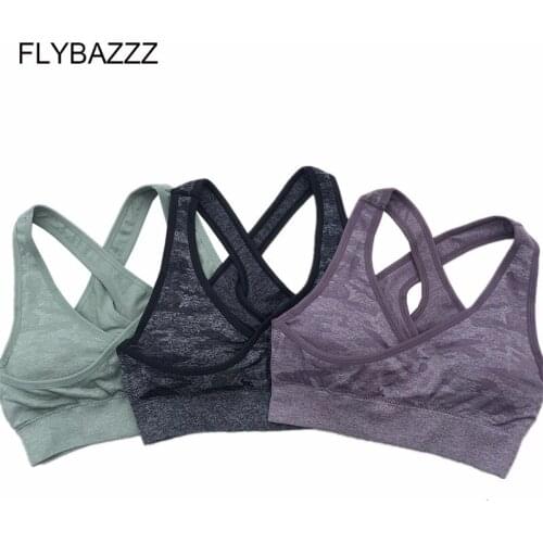 New Women Fitness Sports Bra Tops Comfy Stripes Cross Back Bra Women Seamless Camo Yoga Bra High Impact Shockproof Running Bra