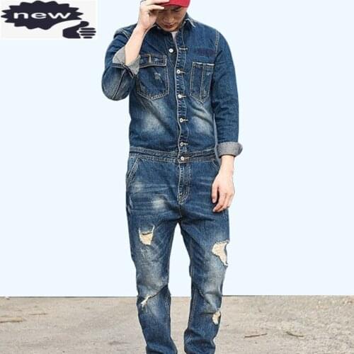 Autumn Retro One Piece Classic Denim Jumpsuit Long Sleeve Cargo Overalls Single Breasted Hole Ripped Jeans Trousers Pockets Pant