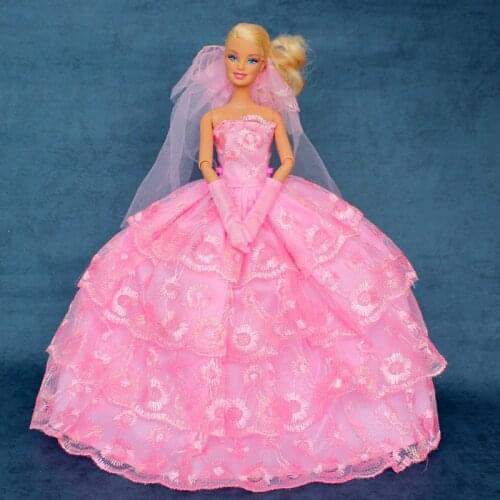 Gown + Glove + Veil / 2015 Evening Party Pink Wedding Dress Flower Embroider Lace Outfit Clothes For Bride Barbie Doll