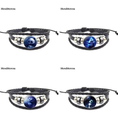 Mendittorosa Christmas Jewelry Glass Cabochon Black Leather Bracelet Bangle For Wedding Panda