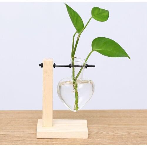 Heart Shape Hydroponic Plant Vases Planter Flower Pot Transparent Vase Wooden
