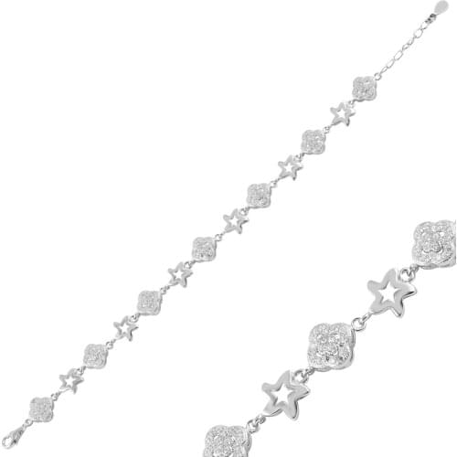 Silver 925 Sterling Clover & Star Zircon Cubic Zirconia Bracelet