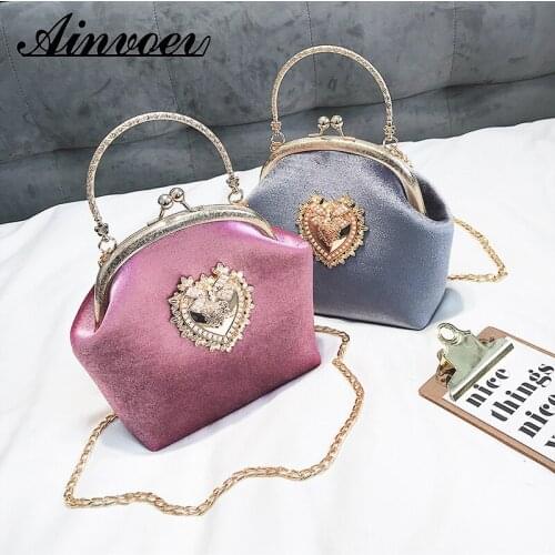 Ainvoev Female Velvet Pearl Handbag Vintage Velour Heart Design Evening Bag Wedding Party Bride Clutch Velour Bag Purse