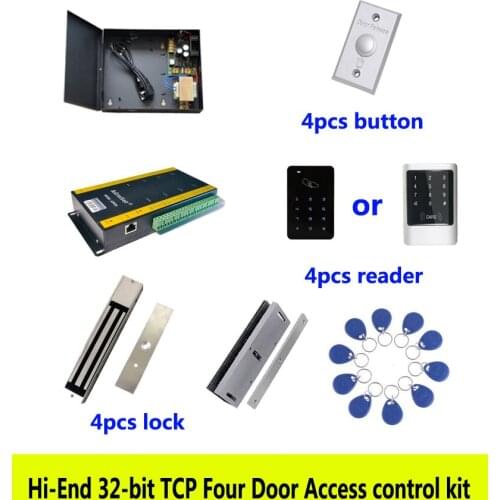 Hi-end access control kit,TCP four door+power+280kg magnetic lock+U-bracket+ID touch keypad reader+button+10 ID tag,sn:kit-AT407