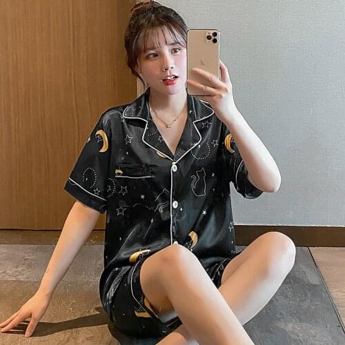 Womens Pajamas 2021 Summer Short-sleeved Pyjamas Silk Pajamas Lapel Cardigan Cartoon Plus Size 5XL Nightie Home Tops Sleepwear