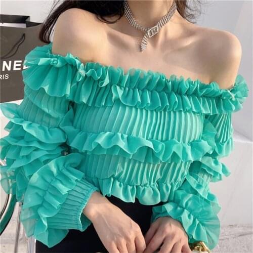 Folds Slash-Neck Bow Ruffles Long Sleeve Candy Colors Chiffon Blouse Sweet Womens Clothing Casual Korean Style Summer Tops