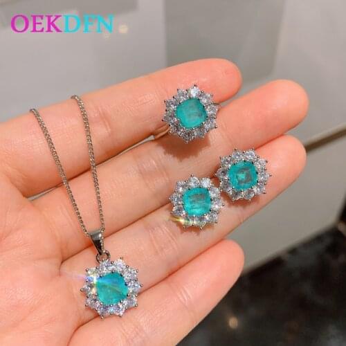 OEKDFN Luxury 925 Sterling Silver Jewelry Paraiba Tourmaline Gemstone Earrings/Pendant/Necklace Wedding Anniversary Jewelry Set