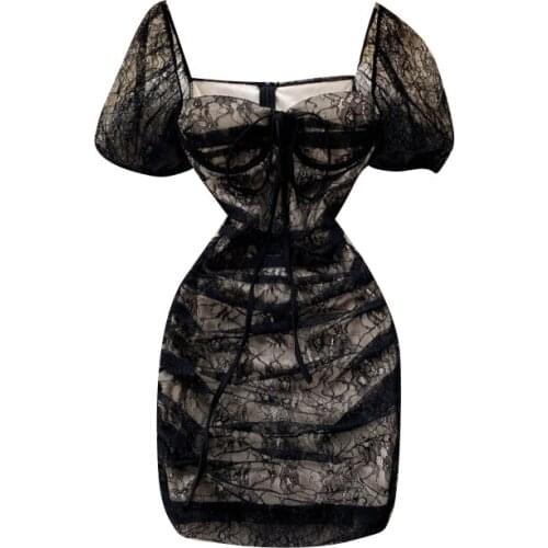 2021 Summer New Fashion Sexy Square Collar High Quality Temperament Slim Mini Lace Dress Women