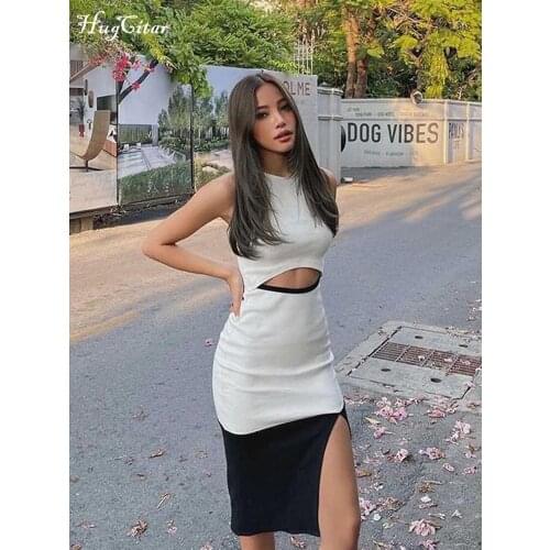 Hugcitar 2021 Sleeveless O-Neck Solid Hollow Out Slit Dress Summer Sexy Women Streetwear Club Clothing Y2K Elegant