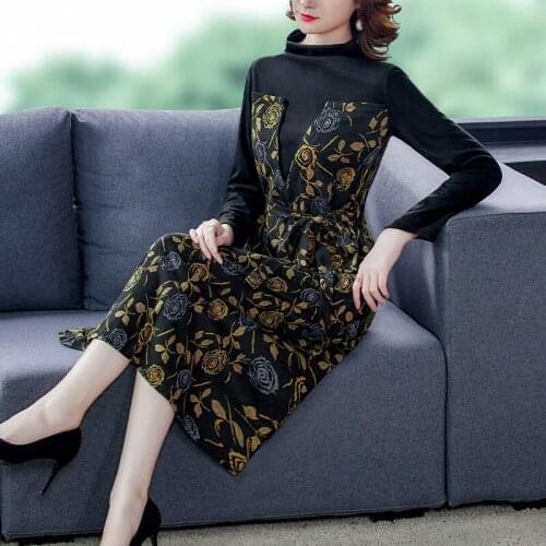 Floral Dress Womens 2020 Autumn and Winter New High-End Temperament Ladies Printed Long Sleeve Patchwork Long Dress Chic k1312