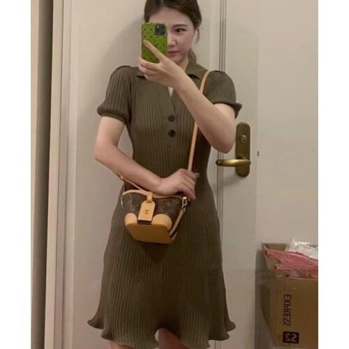 Women Dress 2021Spring and Summer New Style Ladies Splicing Short-sleeved Knitted Buttoned Two-color Dress