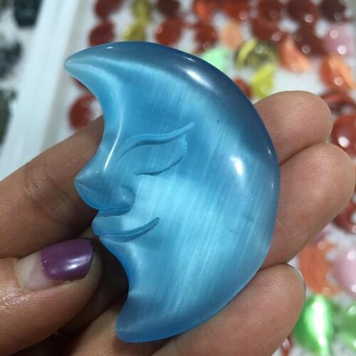 1pcs Crystal Carving Heart Beautiful Colorful Cats Eye Stone the moon shape Stone Palm Healing Love Fertility Gemstone