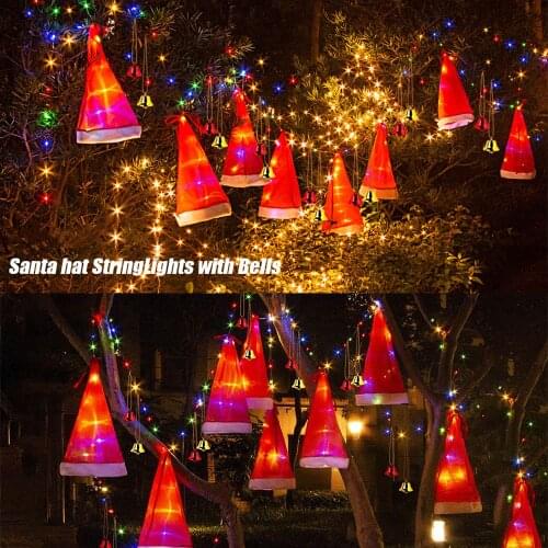 Christmas 8Pcs Hanging Lighted Glowing Santa Hats With Small Bells Christmas Light String For Outdoor Yard Tree Home Xmas Decor