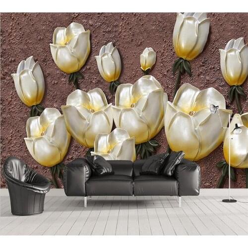 Beibehang High-end 3D three-dimensional relief golden fashion tulip TV sofa background wall custom wallpaper decorative painting
