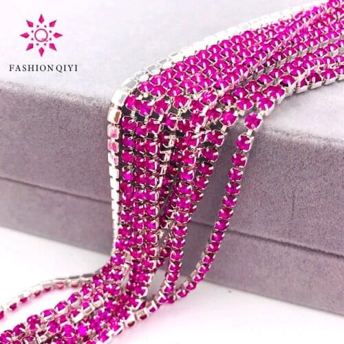 Free shipping 5 yards bright encryption Purple red 2mm-4mm silver base glass rhinestones cup chain,diy clothing accessories