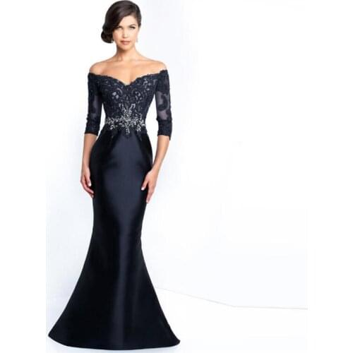 Elegant Dark Navy Mermaid Off Shoulder Three Quarter Sleeve Mother of the Bride Dresses Lace Beads Wedding Party Gowns