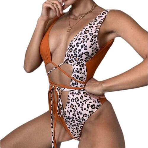 Sexy Women’s Bikini Ladies Hollow Out Lace Up Monokini Swimsuits Color Block Leopard Patchwork Open Back Bathing Suit
