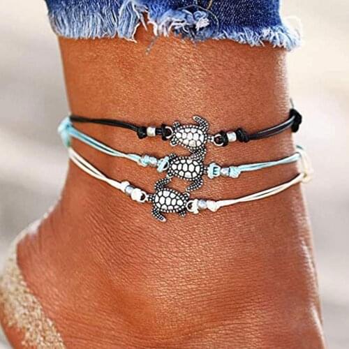 Summer New Black Metal Tortoise Rope Anklet Beach Adjustable Foot Chain Bracelet Holiday Style Jewelry Ankle On Leg