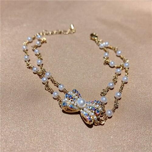LOVOACC Elegant AB Color Rhinestone Bowknot Charm Bracelet for Women Simulated Pearls Chain Bracelets Temperament Accessories
