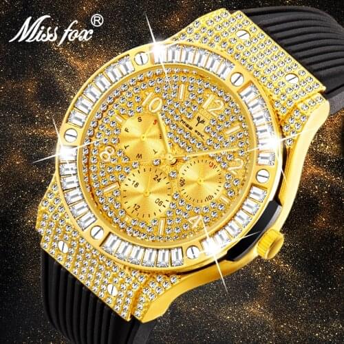 MISSFOX 2020 New Mens Watches Top Brand Luxury Big Dial Square Diamond Quartz Watch Premium Rubber Strap Chronograph Watch Men