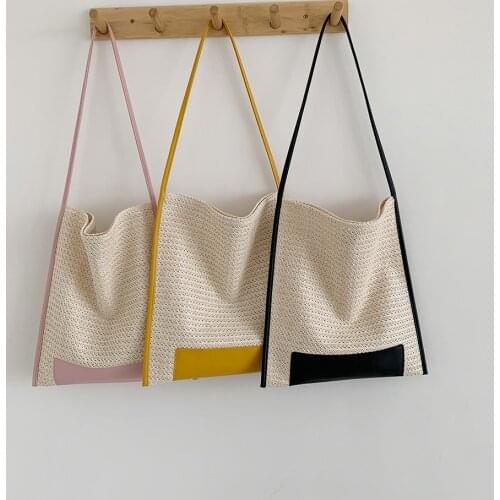 Fashion Women Contrast Color Woven Shoulder Shopping Bag Ladies Summer Beach Vacation Large Capacity Tote Handbag Crossbody Bags