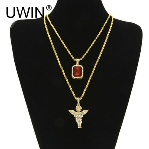 UWIN Mens Iced Out Hip hop Jewelry Necklace Set Micro Square Crystal With Full Rhinestone Angel Wing Pendant Necklace Chain