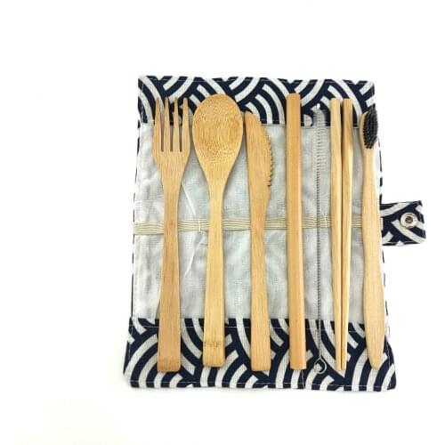 Bamboo Travel Cutlery Set Bamboo Fork Knife Spoon Chopsticks Straw Portable Carrying Pouch with Carabiner Wooden Utensils Set