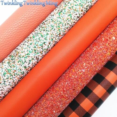 ORANGE Glitter Fabric, Plaids Faux Leather Fabric, Litchi Synthetic Leather Sheet For Bows A4 Size 8"x11" Twinkling Ming XM133