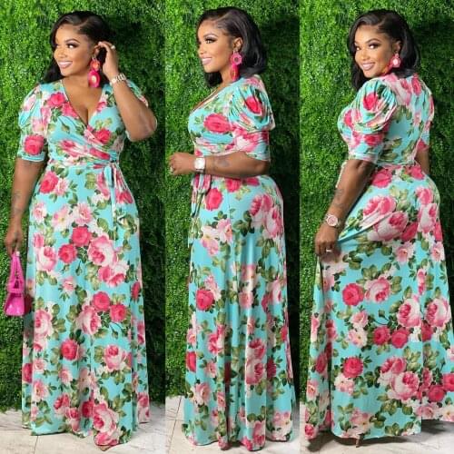 Sexy Printed Slim-Fit Plus Size Floral Long Skirt Split V-Neck Straight Plus Size Dress