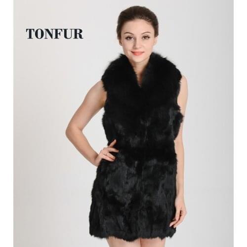 Luxury Real Rabbit Fur Vest with Natural Genuine Fox Fur Collar women winter warm vest female fashion free shipping HP388
