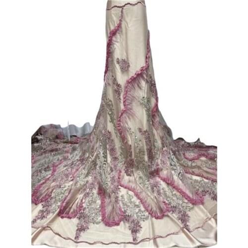 Pink Flower Beads Lace Fabric 2021 5 Yards High Quality African Nigerian Tulle Lace Fabric For Diy Sew Dress Wedding Party