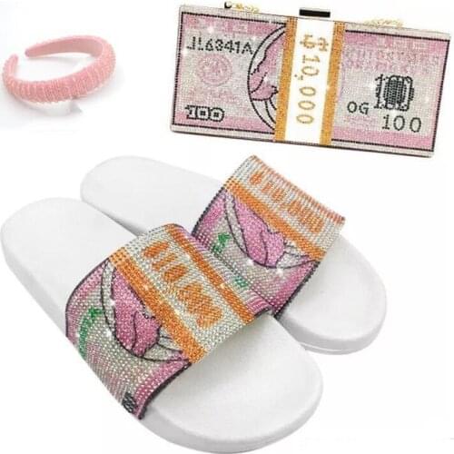 Fashion Women Slippers Summer Beach Flip Flops USD Money Shoes Bags Headband Set Crystal Sandals Ladies Luxury Flat Bling Slides