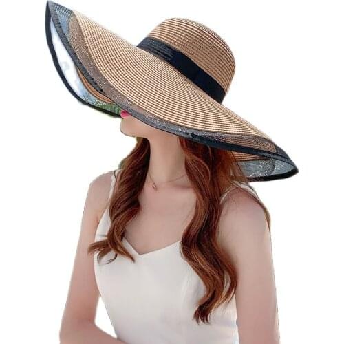 Outdoor Breathable Womens Beach Straw Hat Patchwork Hollow Out Wide brim Sun hat Sunshade Protection Visor Caps