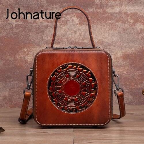 Johnature Handmade Embossed Genuine Leather Women Bag 2021 New Retro Handbag Versatile Nature Cowhide Shoulder & Crossbody Bags
