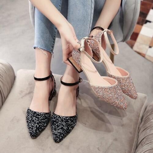 Glitter Pointed toe cover heels women sandals wood thick low heels shoes women bling buckle band closed toe femme sandalias 2020