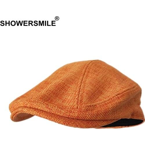 SHOWERSMILE Berets Caps For Women Orange Cotton Linen Flat Caps Men Classic Solid Colorful Duckbill Cap Summer Unisex Retro Hats