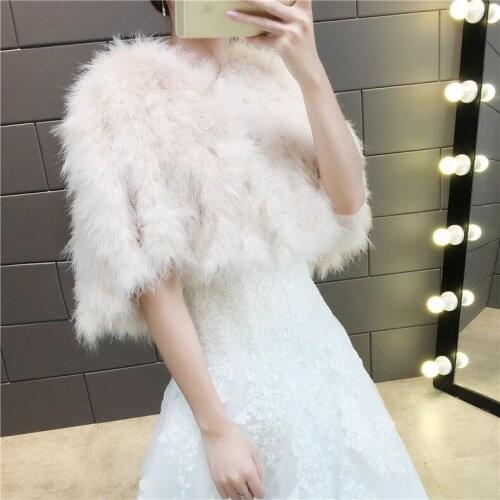 2021 Ostrich Feather Women White Bridal Capes Cloak Faux Fur Winter Autumn Wedding Wrap Shawl Bride Coat