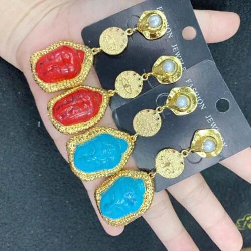 24k Gold Pearl Stud Buddhas head Dangle Earring Synthetic turquoise Earring 3pairs